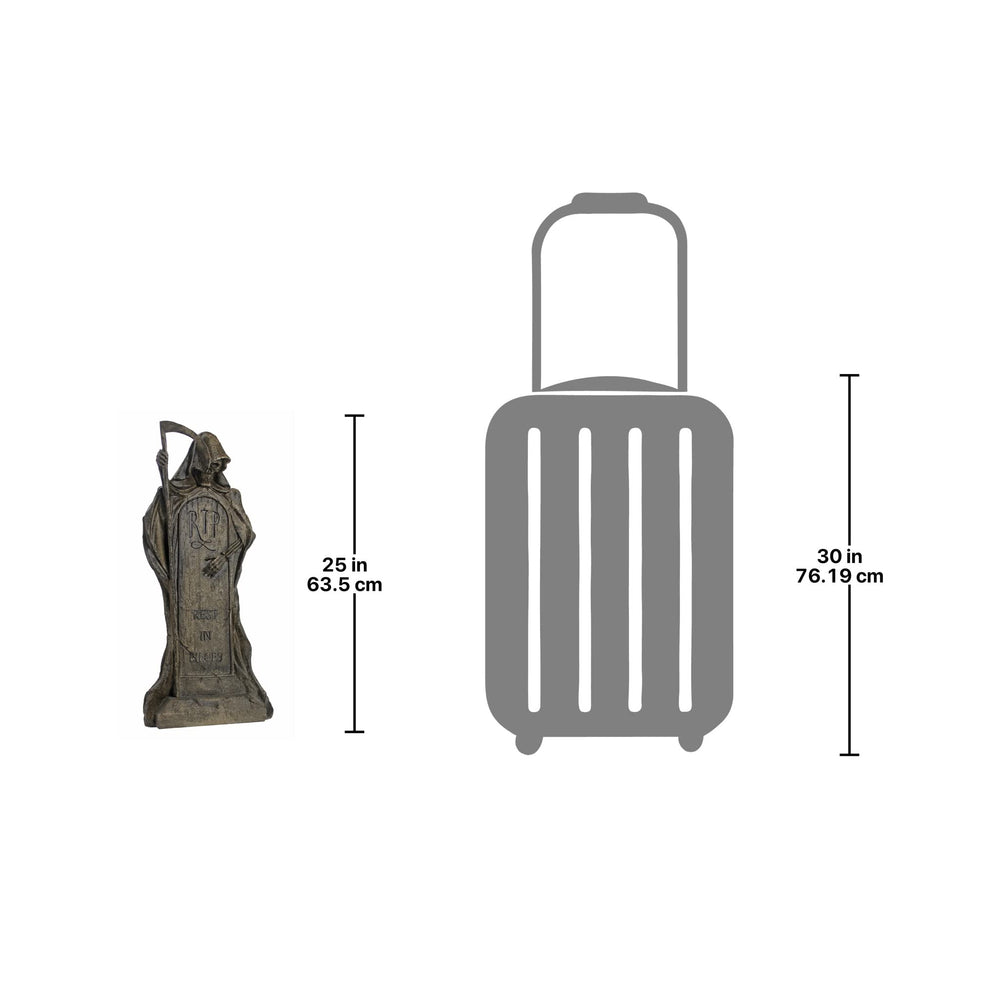 Design Toscano porch-at-night display with shadowed Reaper creating eerie Halloween ambiance