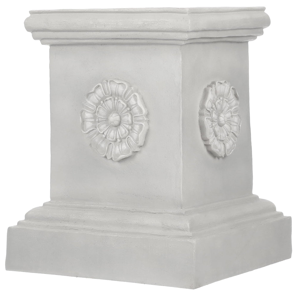 Design Toscano plinth beside a chair for scale demonstrating 20.5 inch height
