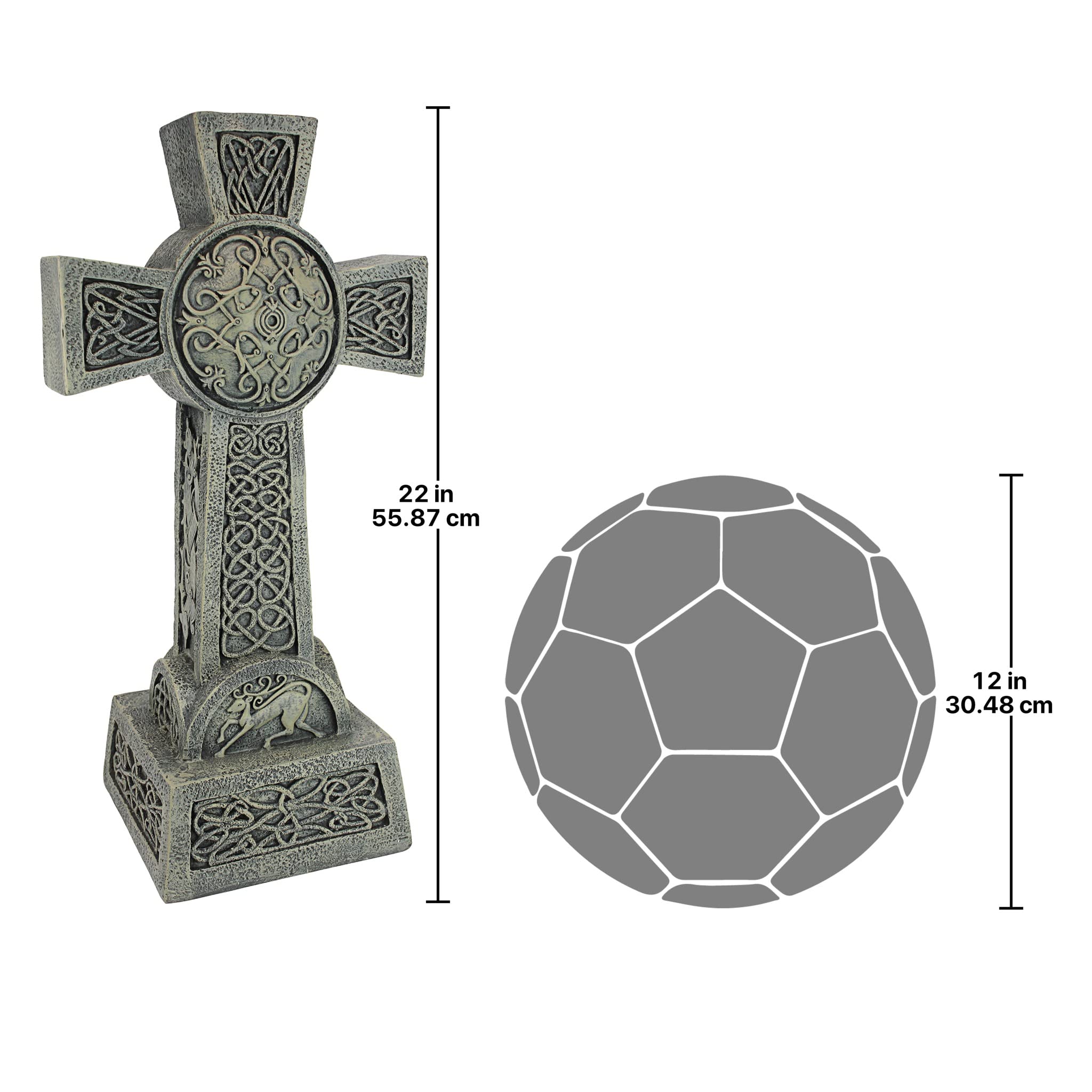 Design Toscano cross next to hand for scale illustrating 22-inch manageable memorial size