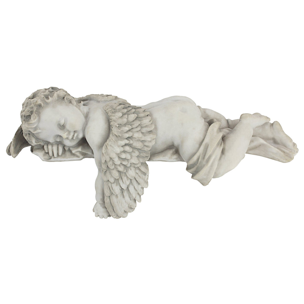 Design Toscano front view of sleepy cherub statue showing peaceful pose and antique finish