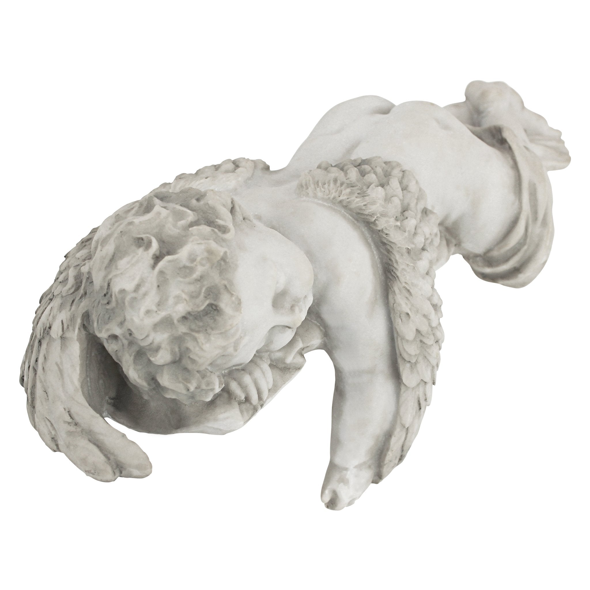 Design Toscano side profile of cherub highlighting curled hair and wing contours for charm