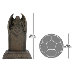 Design Toscano tombstone on porch with lighting showing dramatic Halloween ambiance