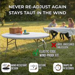 Designs by DaVal cover on outdoor picnic table showcasing wind-resistant, tidy presentation