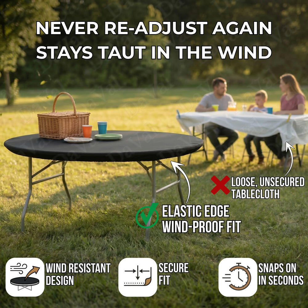 Designs by DaVal Kwik-Covers on outdoor round table showing wind-resistant protection