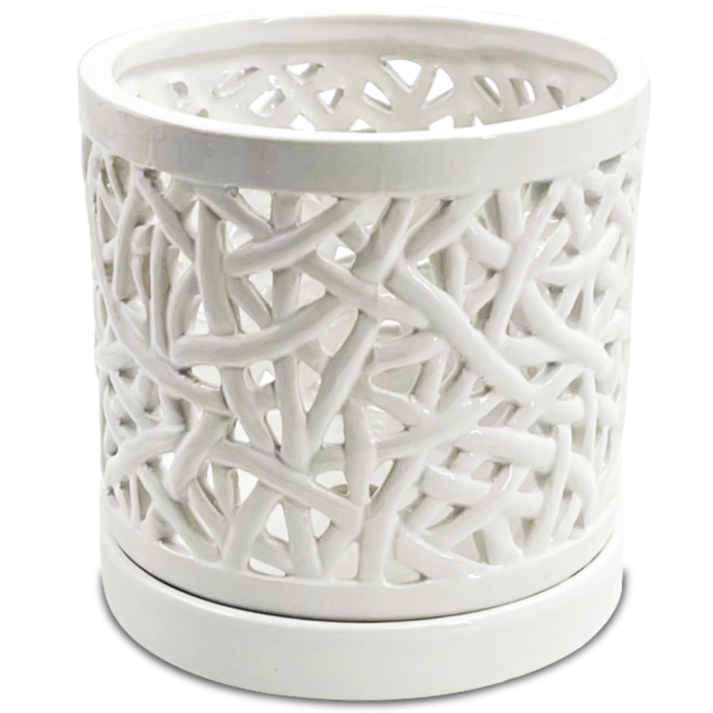 DESQUIGGLE front view of white ceramic orchid pot showing elegant silhouette and airflow benefits
