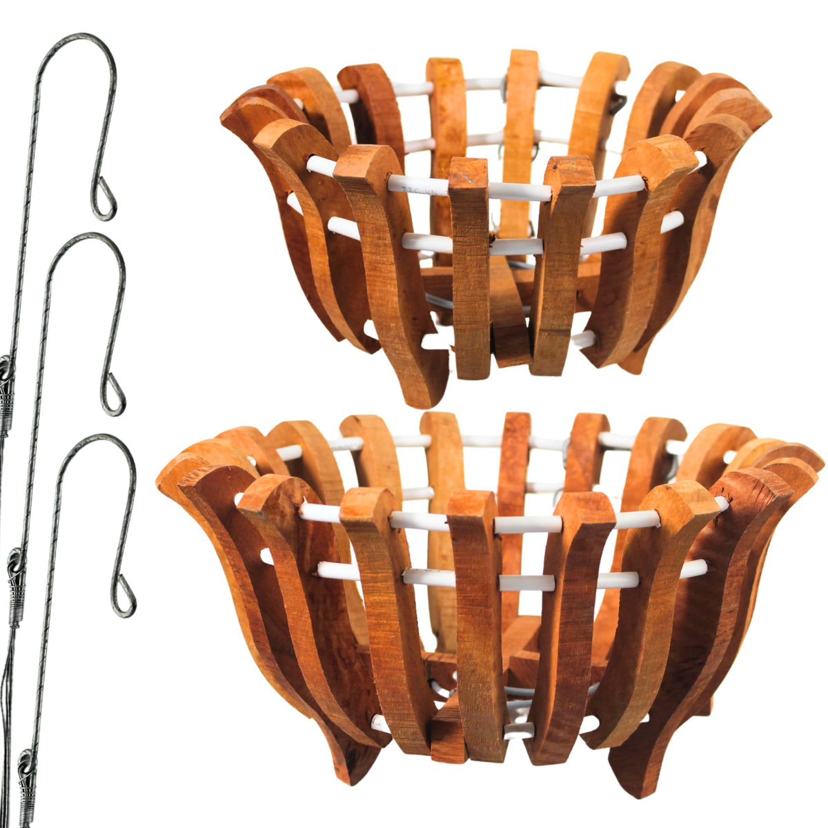 DESQUIGGLE front view of two lotus-shaped hanging orchid baskets showing structure and airflow benefits