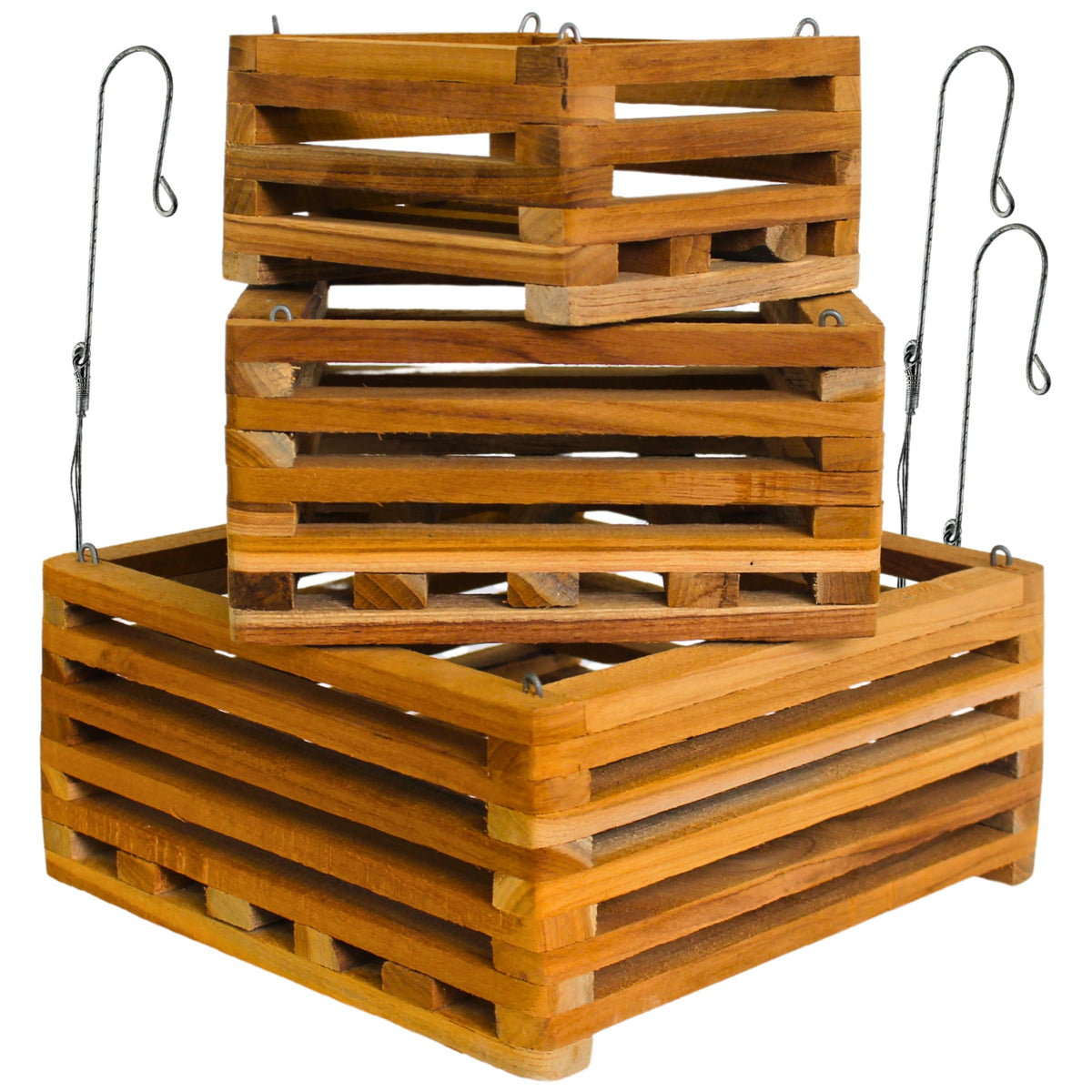 DESQUIGGLE front view of three hanging teak baskets showing sizes and finish