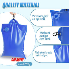 Desunqin filled water bag hanging on pool cover resisting wind to keep cover secure