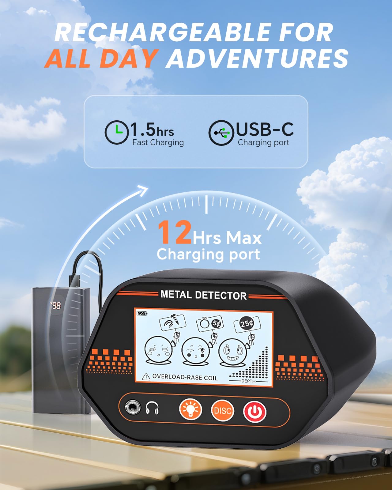 DetectTrek adjustable shaft scale demonstrating height range and comfortable reach