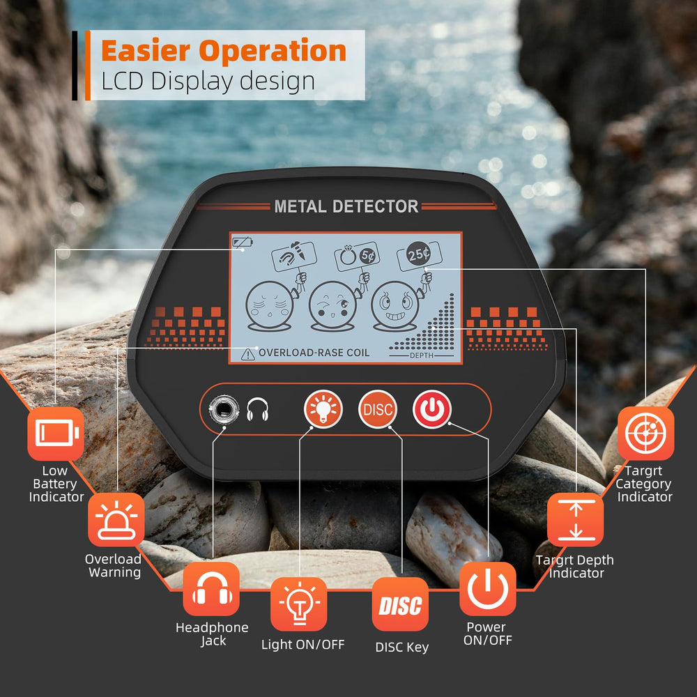 DetectTrek MD-4070 waterproof coil in sand showing beach-friendly detecting