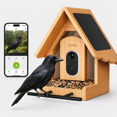 DETIKO front view showing bamboo feeder and camera, elegant garden integration