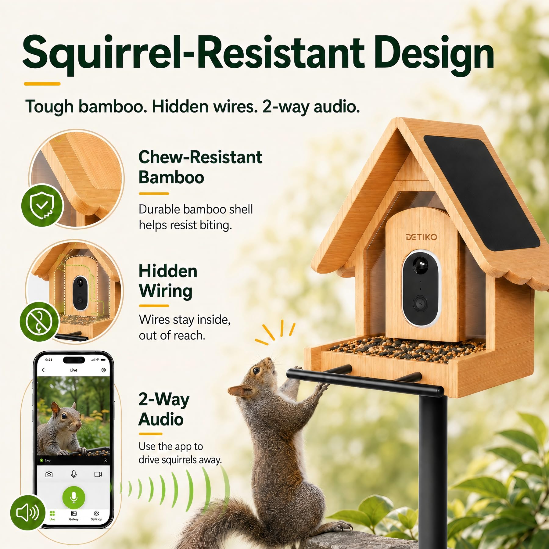 DETIKO feeder hung in backyard, attracts birds and enhances landscape