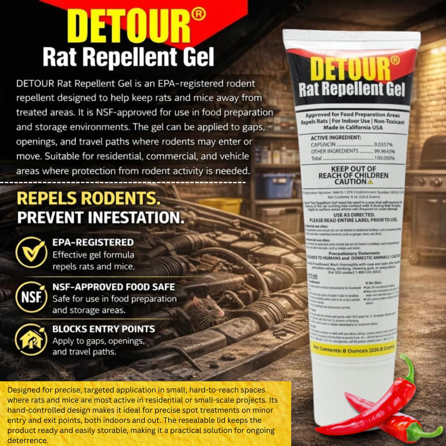 DETOUR gel applied along car engine wiring, protects cables and reduces chewing damage