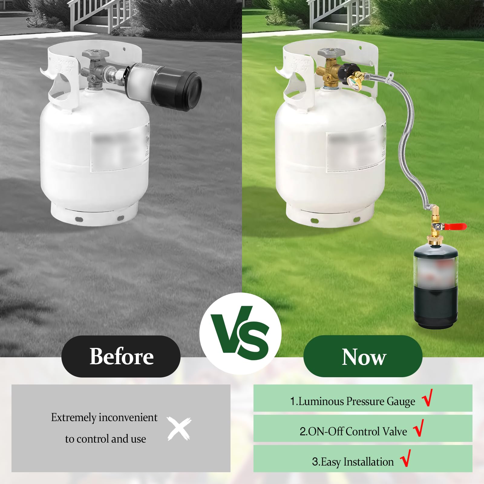 Detoypapa hose with large tank and 1 lb cylinder size comparison showing portability and scale