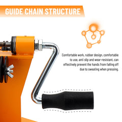 DETYI tool in use on a chainsaw chain showing safe, controlled rivet pressing benefit