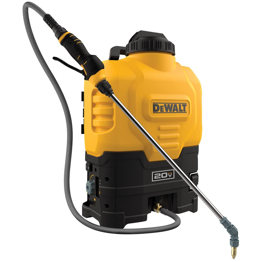DEWALT front view of backpack sprayer showing tank and controls for easy transport