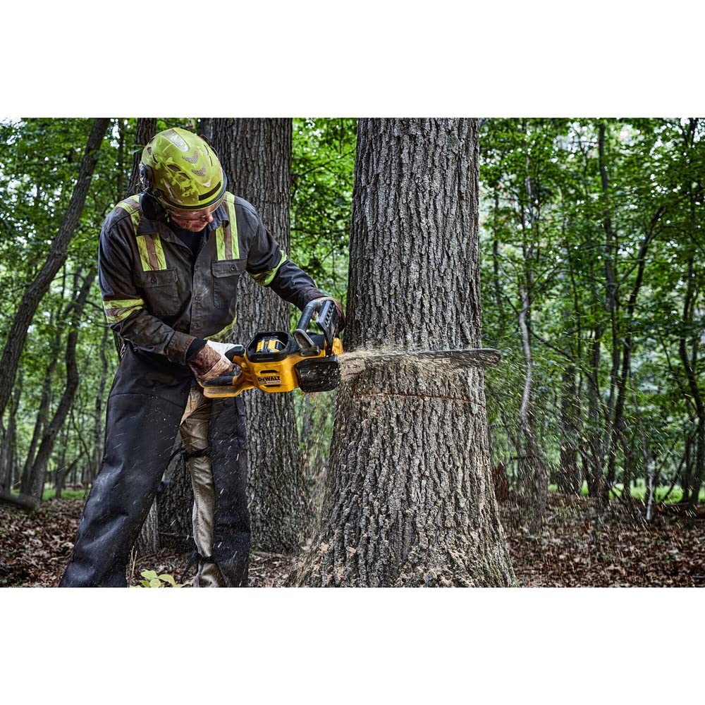DEWALT chain in outdoor woodcutting scene showing restored cutting performance