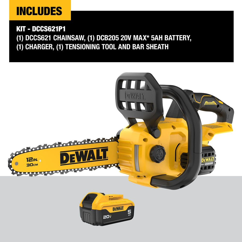 DEWALT close-up of 12 inch low-kickback bar and chain for safer cuts