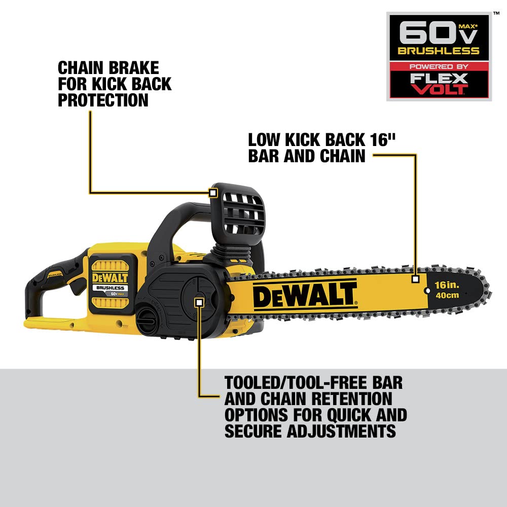 DEWALT chainsaw cutting a branch showing clean cuts and efficient yard work