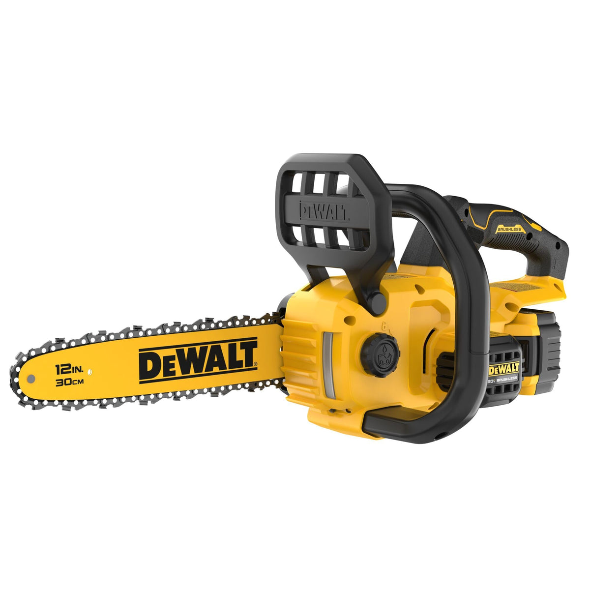DEWALT front view of cordless chainsaw showing compact profile and portability