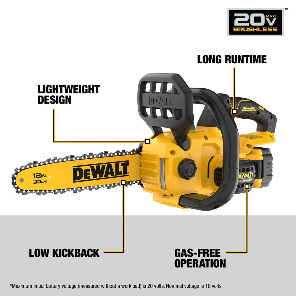 DEWALT chainsaw cutting a tree limb demonstrating precise, controlled cutting