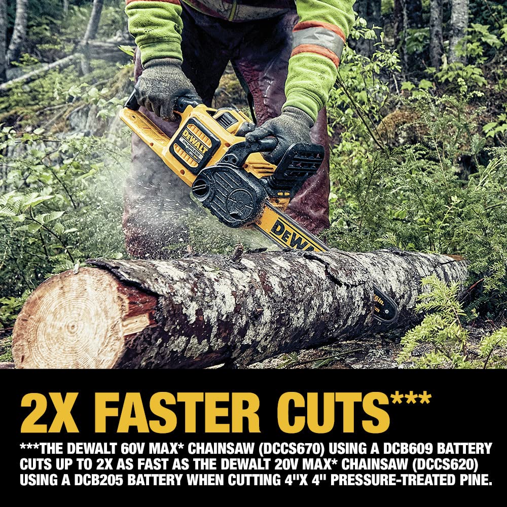 DEWALT chainsaw beside ruler with 2Ah battery showing scale for compact storage