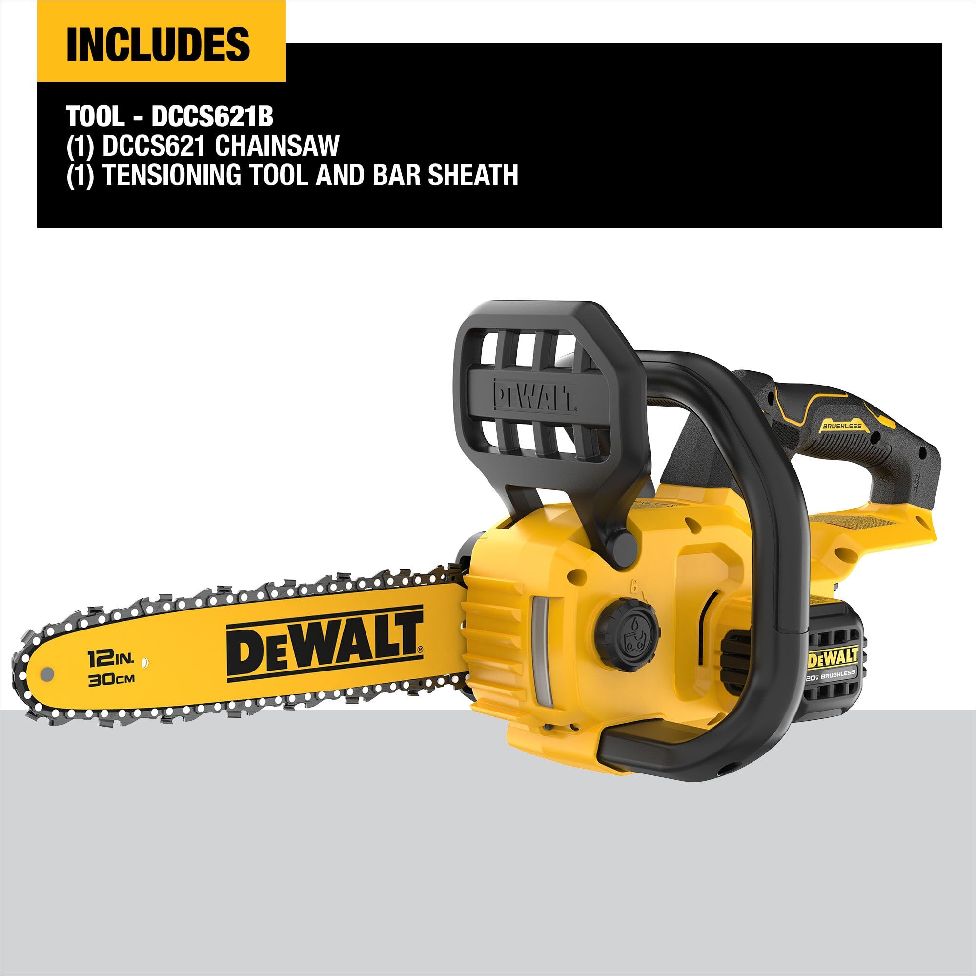 DEWALT close-up of the 12 inch bar and low-kickback chain for safer cutting
