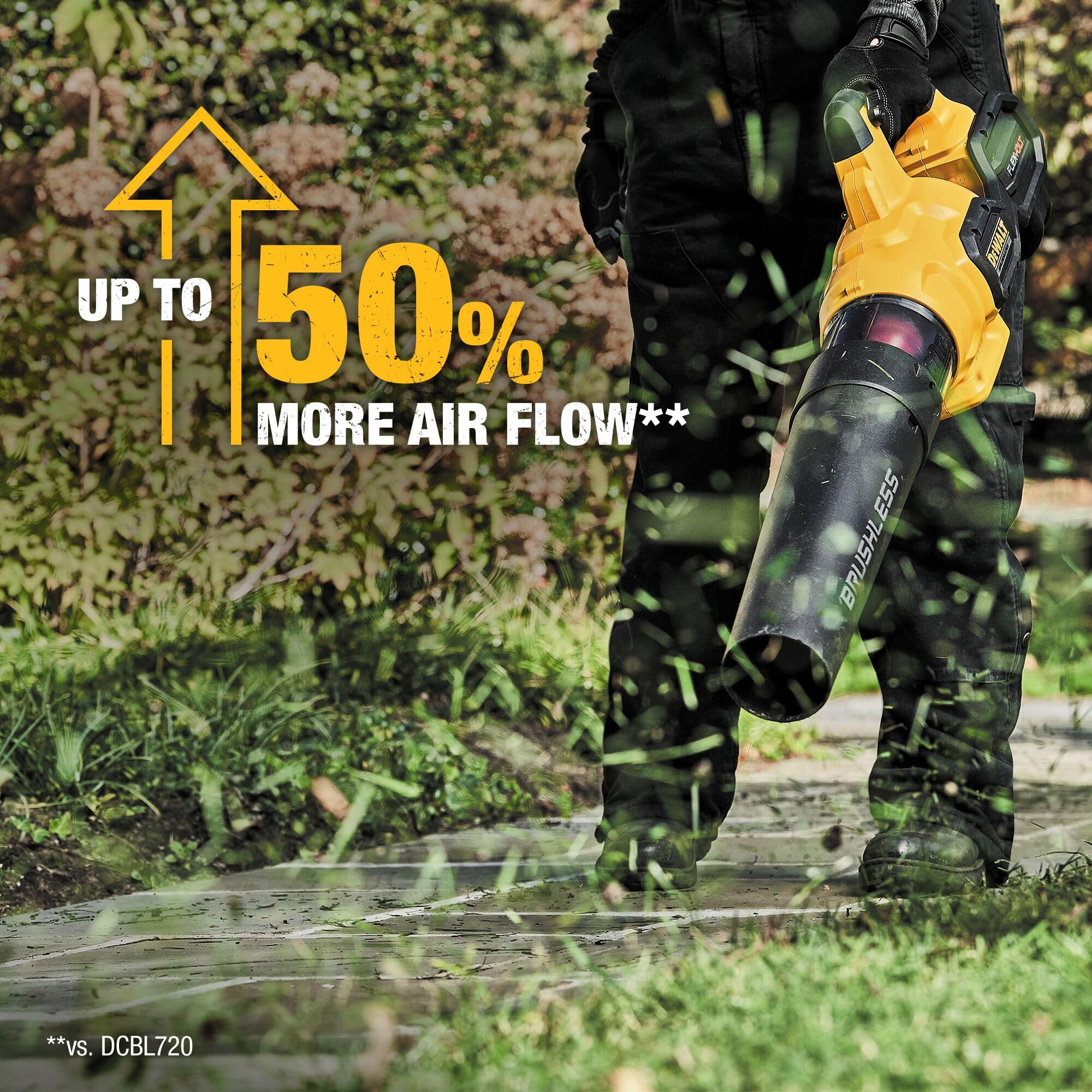 DEWALT DCBL772X1 in use blowing leaves demonstrating high-volume debris removal