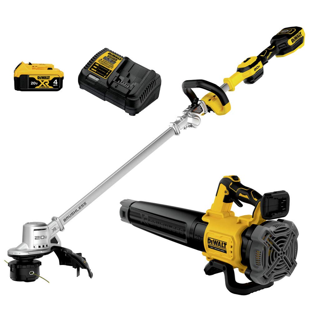 DEWALT folding string trimmer front view showing compact design and easy carry benefit