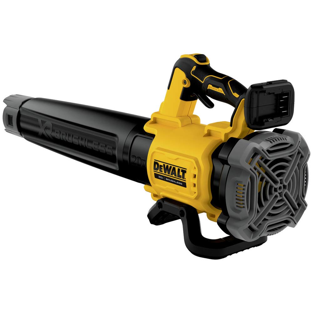 DEWALT handheld axial blower front with nozzle showing powerful airflow for clearing