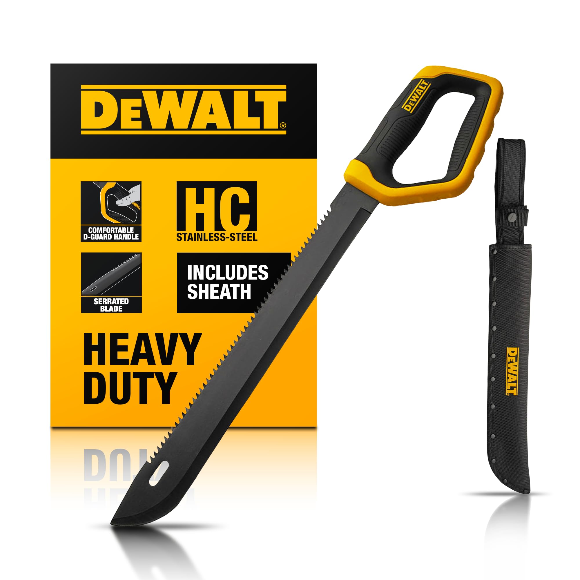 DEWALT machete front view showing full blade and saw-back for reliable cutting