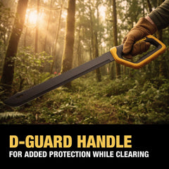 DEWALT machete cutting brush on a trail demonstrating fast clearing capability