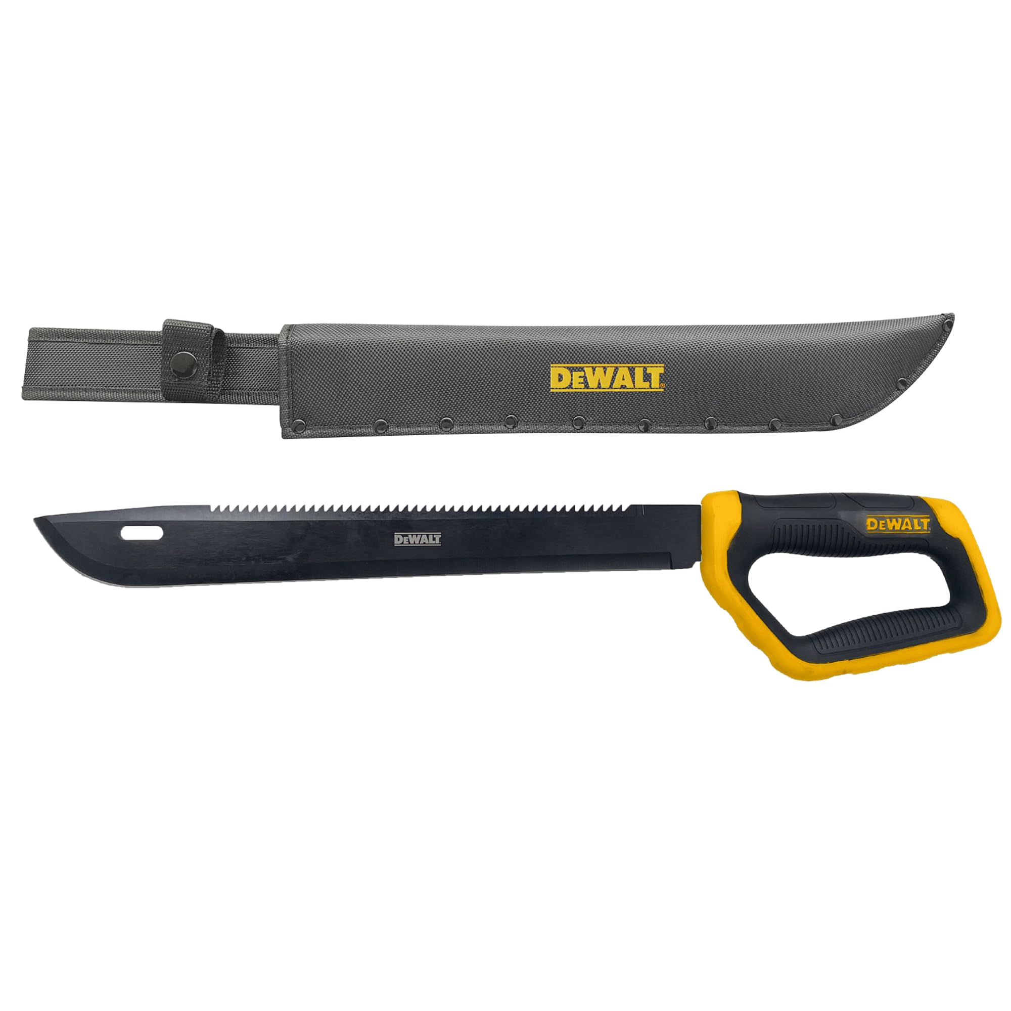 DEWALT machete next to sheath and ruler showing scale and safe transport