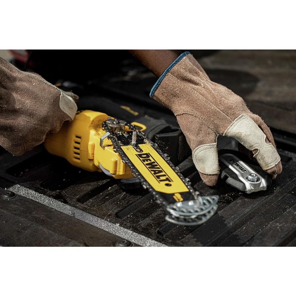 DEWALT onboard wrench being used for quick chain tensioning benefit