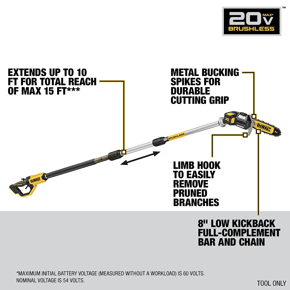 DEWALT pole saw in use trimming branch offering safer ground-level reach