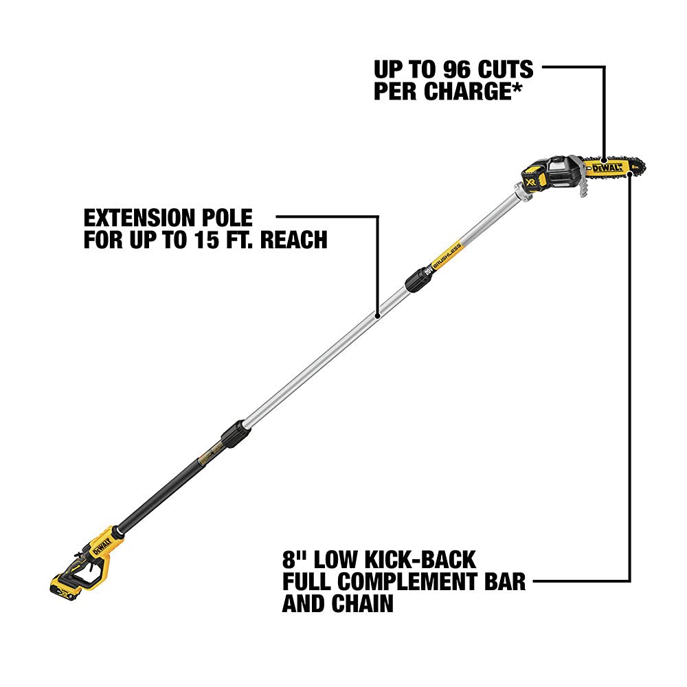 DEWALT pole saw next to person showing scale and reach advantage