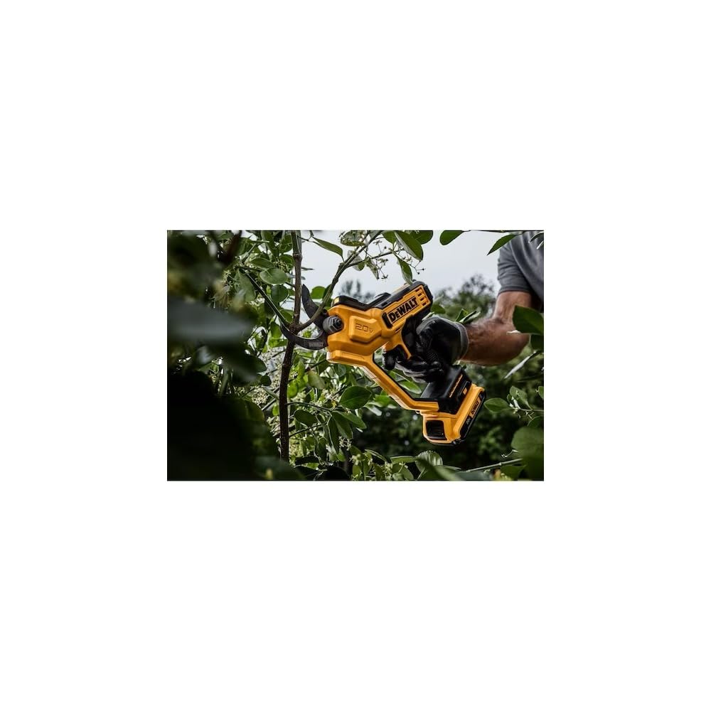DEWALT pruner on a garden bench in a yard setting showing practical everyday use