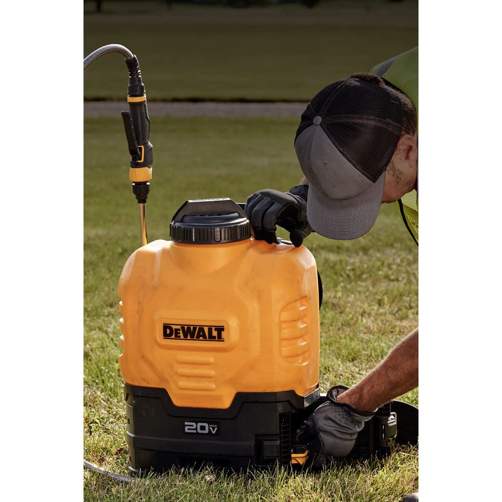 DEWALT sprayer in use on lawn demonstrating efficient cordless application