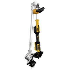 DEWALT trimmer cutting swath close-up showing 14-inch coverage for faster trimming