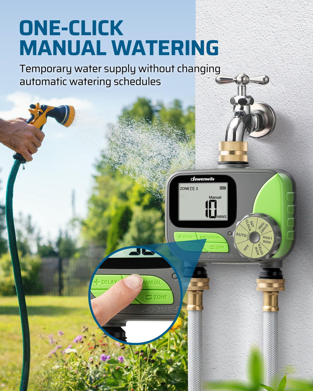 DEWENWILS dual outlet side view enabling two independent watering zones