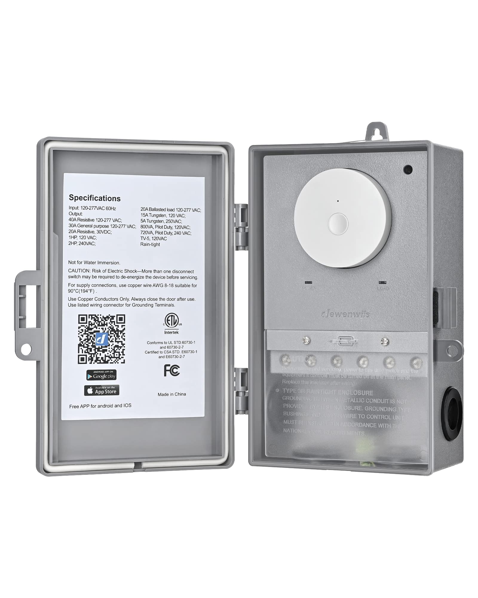 DEWENWILS front view showing weatherproof timer and clear label for easy identification