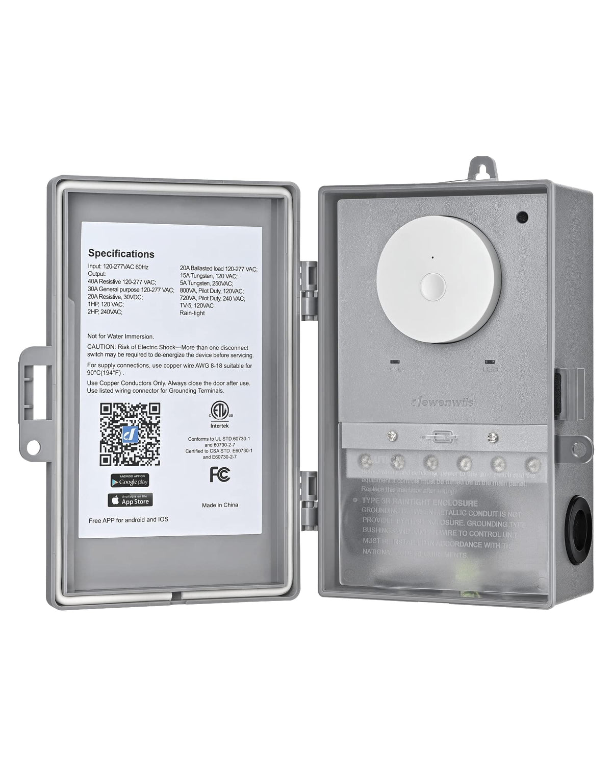 DEWENWILS front view showing weatherproof timer and clear label for easy identification