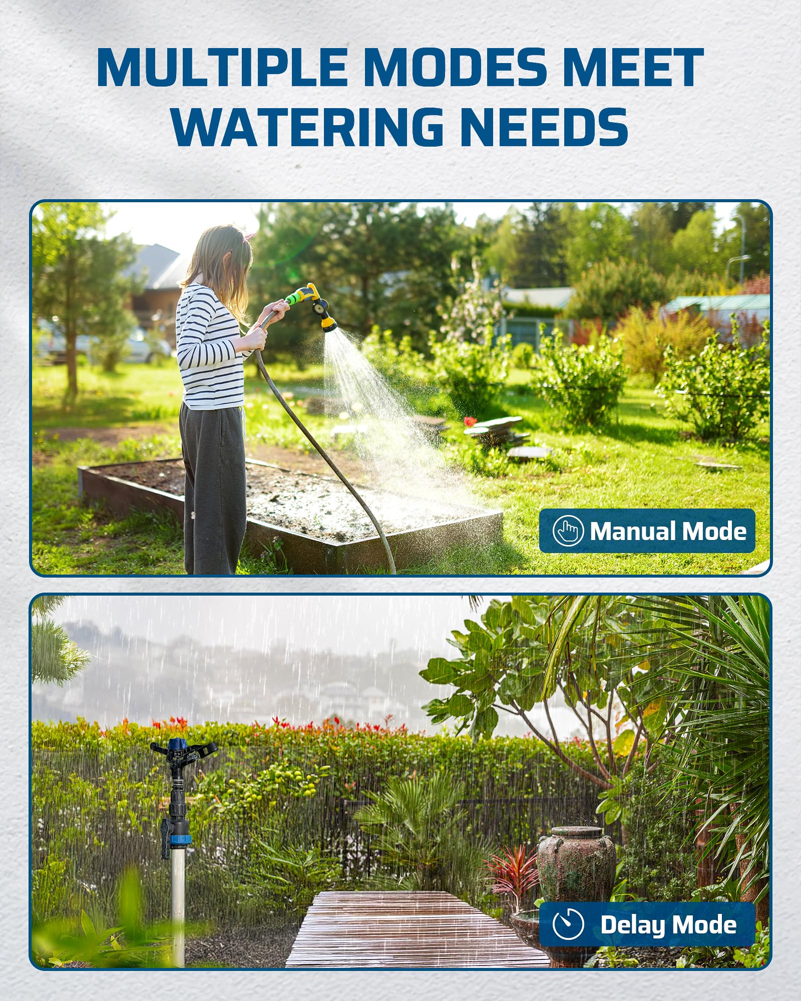 DEWENWILS timer in a landscaped garden demonstrating automated watering convenience