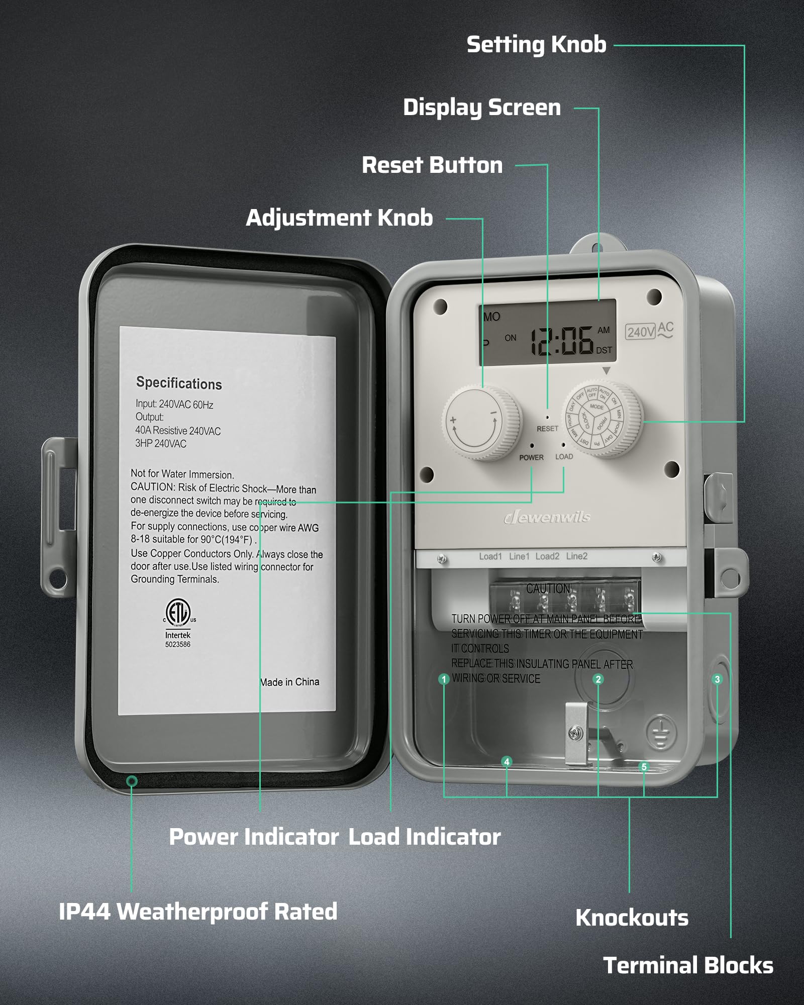 DEWENWILS timer held in hand for scale highlighting compact heavy-duty outdoor design