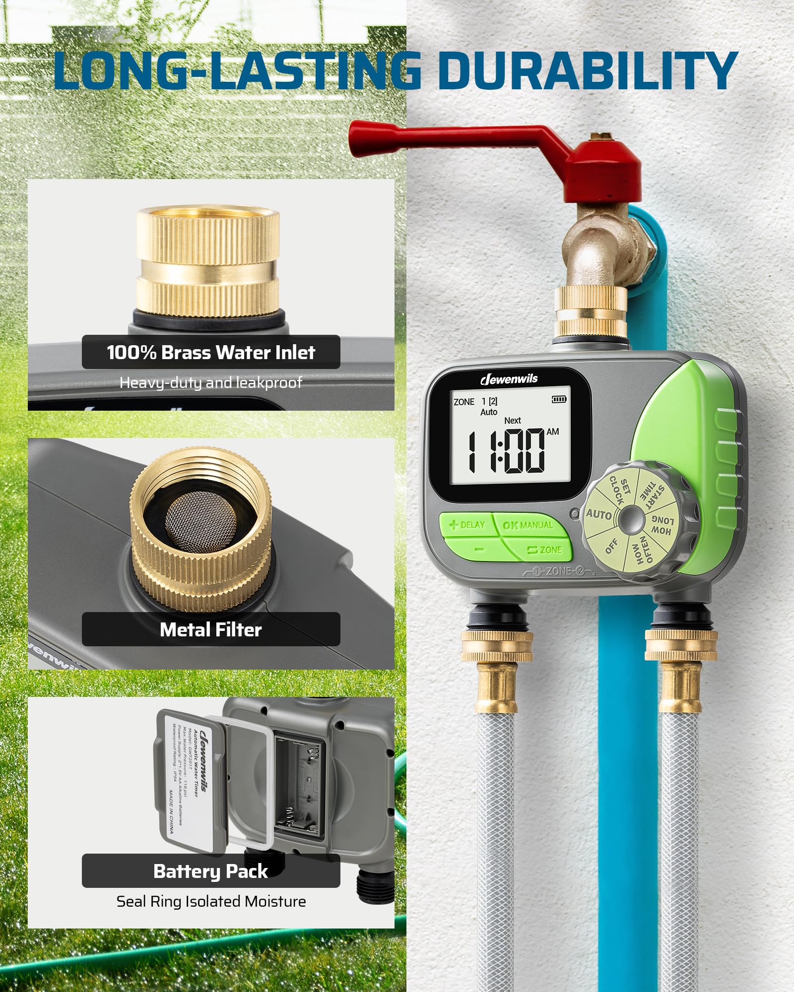 DEWENWILS timer attached to outdoor faucet offering automated watering control