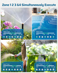 DEWENWILS four-zone valve layout demonstrating independent watering control