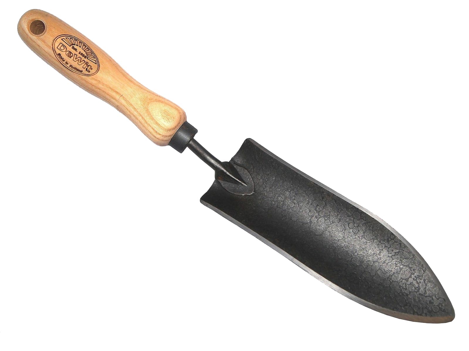 DeWit transplant trowel front view showing blade and handle for durable precision