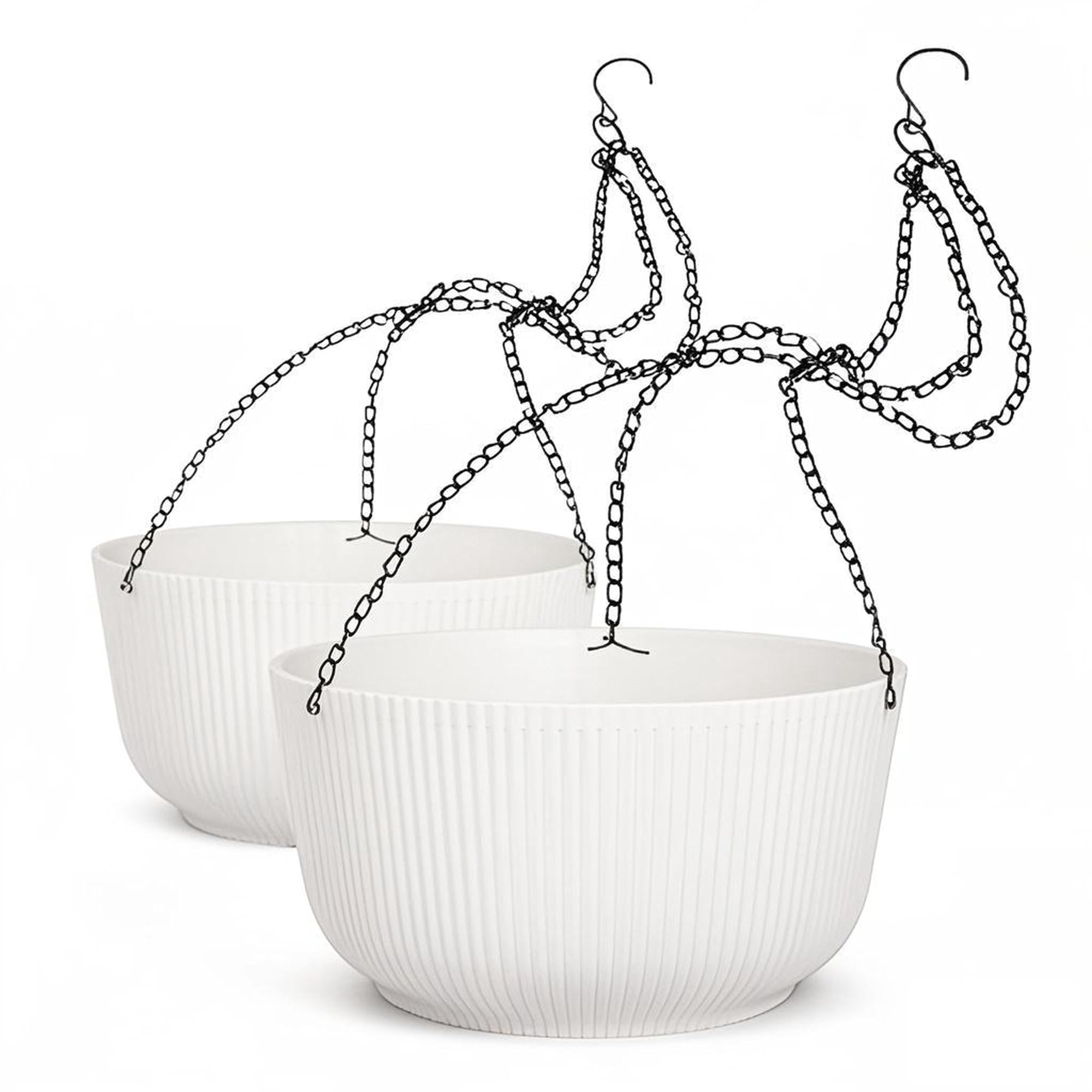 Dexceder front view of two white hanging planters, durable and low-maintenance