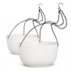 Dexceder front view of two white hanging planters, durable and low-maintenance