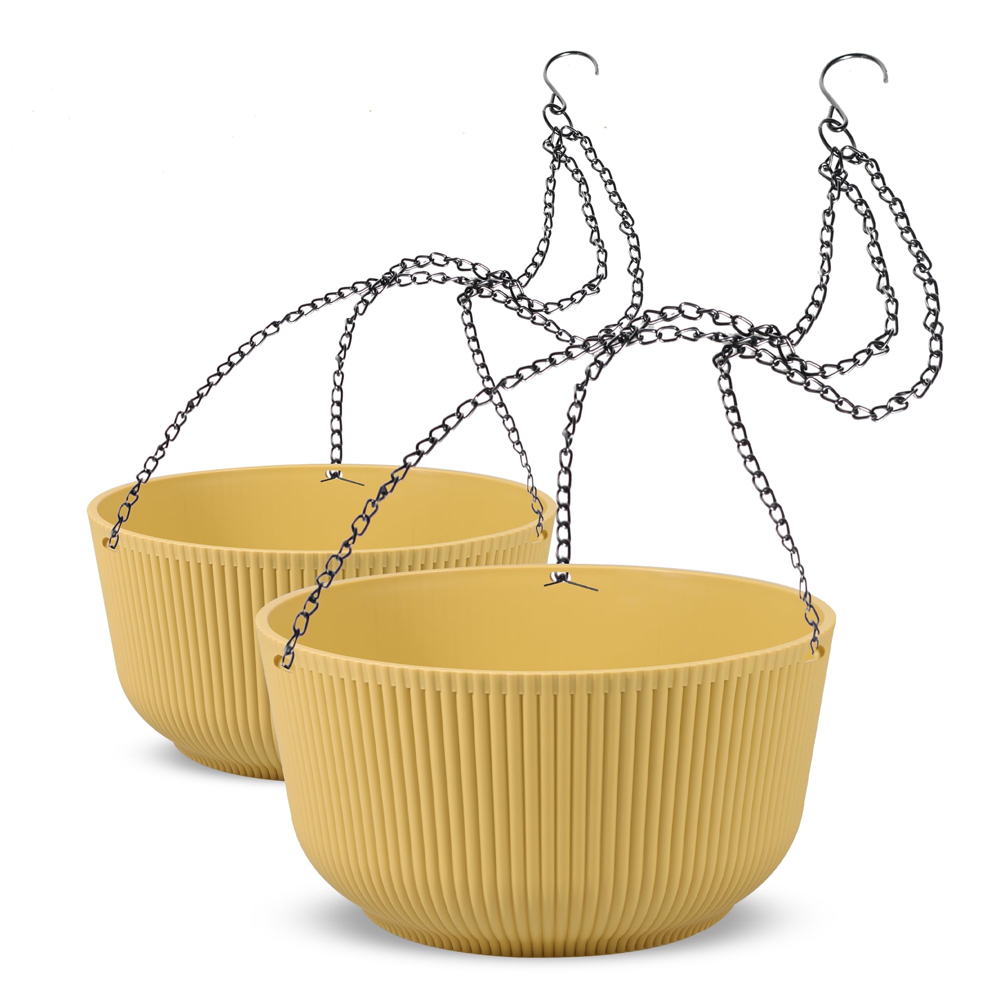 Dexceder front view of two yellow hanging planters showing self-watering feature and vibrant color